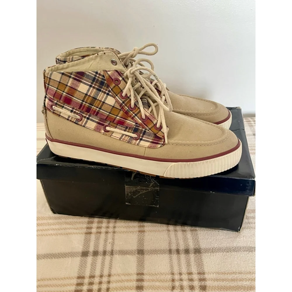 Polo Ralph Lauren Lander Chukka Boots Mens 8D Madras Plaid Tan Canvas